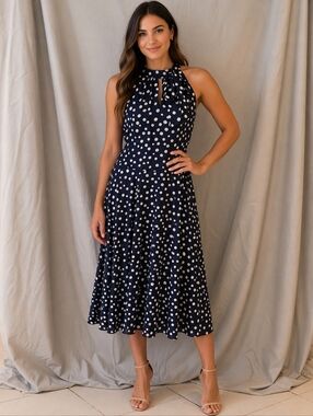 Tahari Arthur S. Levine Dress Maxi High Low Navy With White Polka Dots High Peep